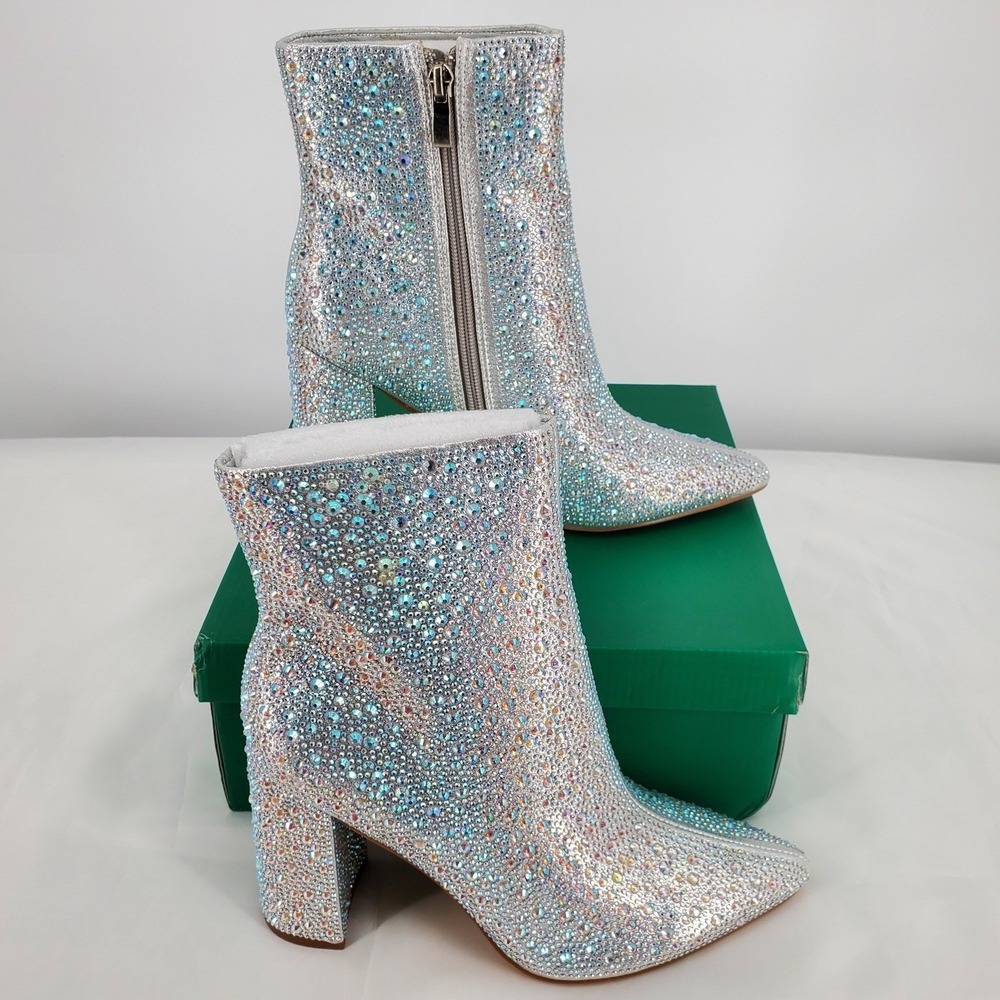 Lauren Lorraine Size 6.5 Jam Silver Rhinestone Iridescent Block Heel Boots M065